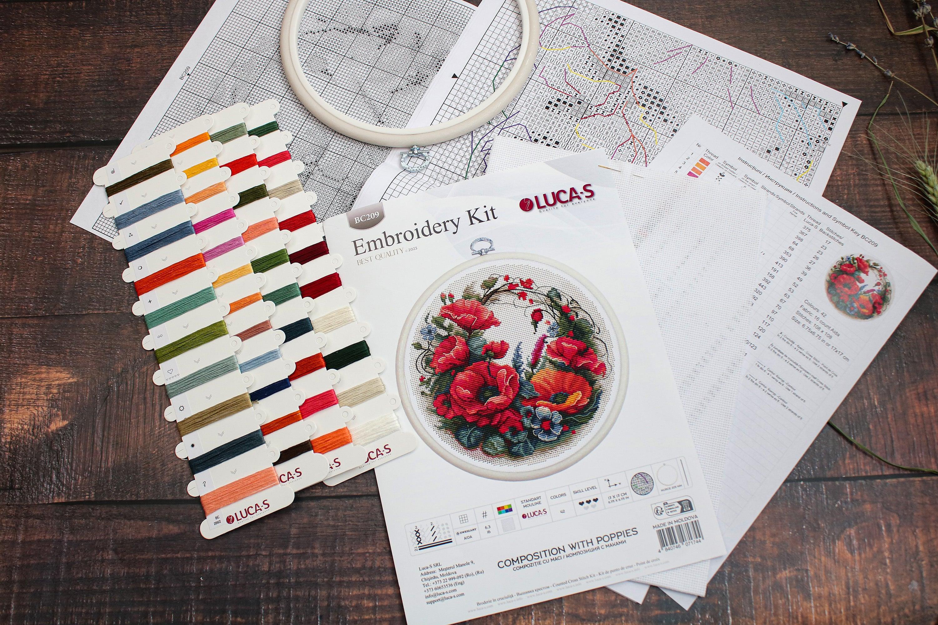 Cross Stitch Kit with Hoop Included Luca-S - Composition With Poppies, BC209 - Luca-S Cross Stitch Kits
