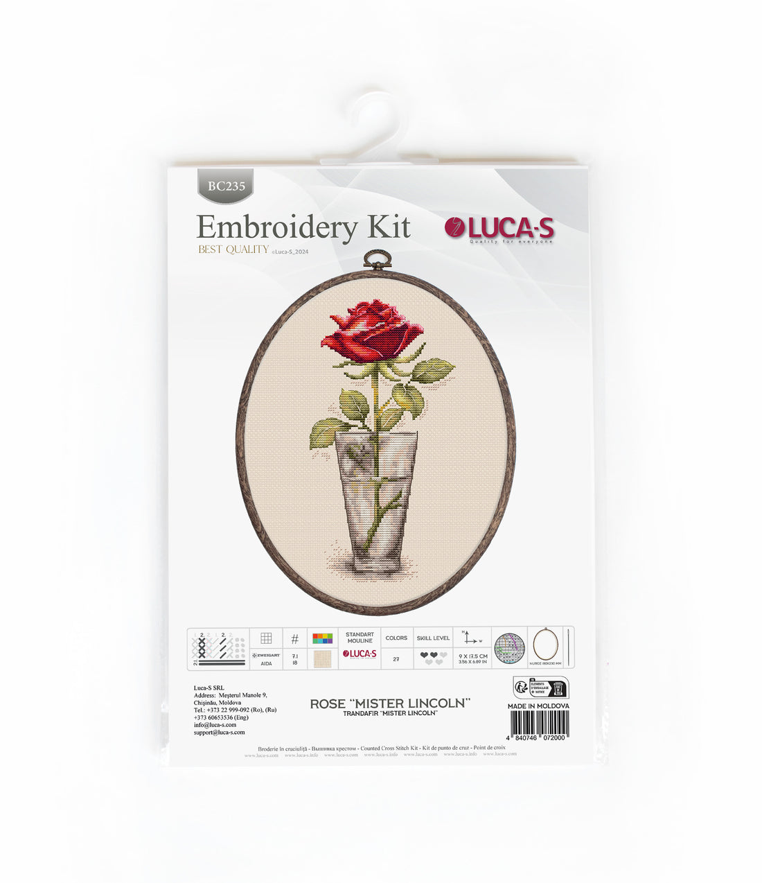 Cross Stitch Kit with Hoop Included Luca-S - Rose “Mister Lincoln”, BC235