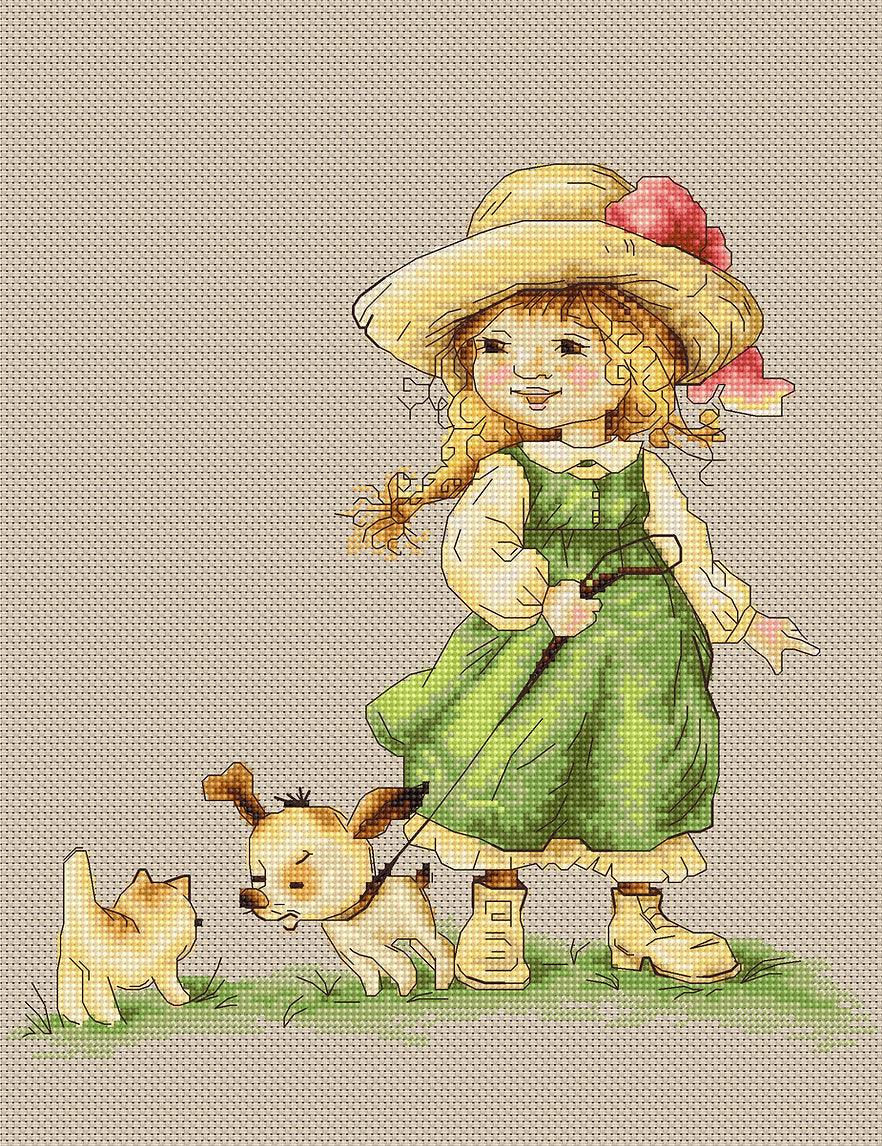 Cross Stitch Kit Luca-S - Little girl with a puppy and a kitten, B1104 - Luca-S