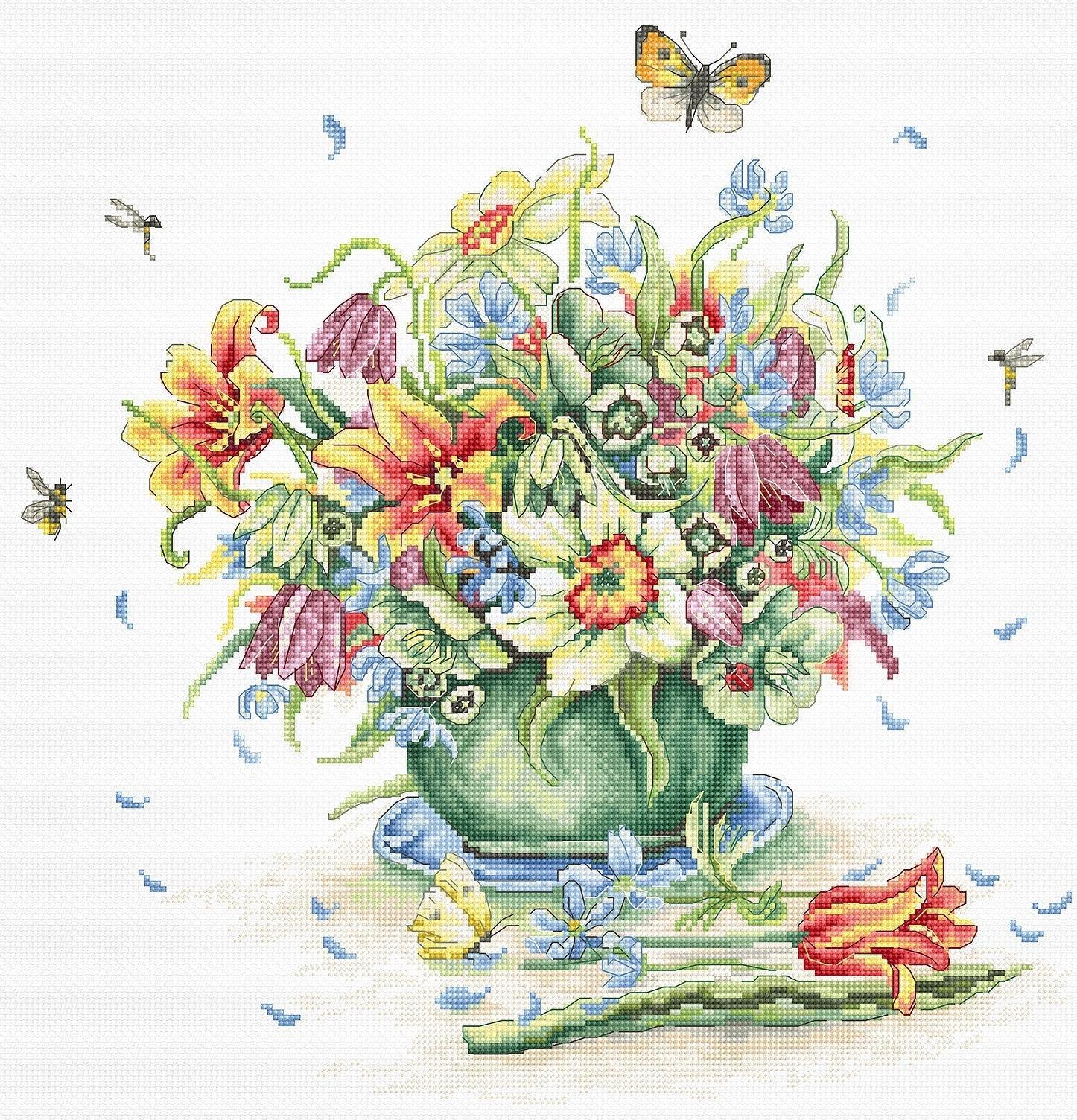 Luca-S Cross Stitch Kit – Bouquet Of Tulips, 30x31 Cm, Includes Threads & Aida Fabric